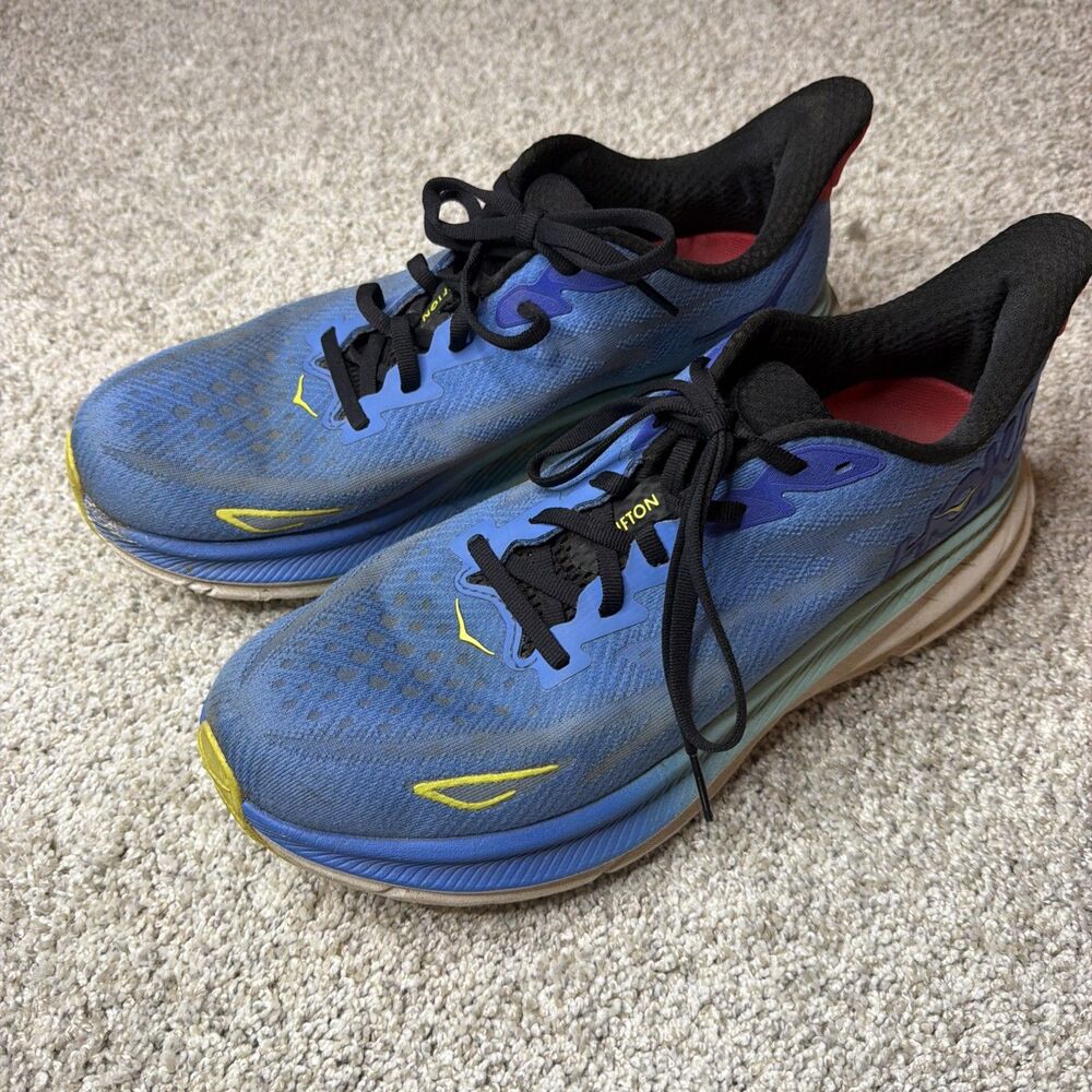 Men’s Size 10.5D - Hoka One One HOKA Clifton 9 Blue Red And Yellow Running Shoes